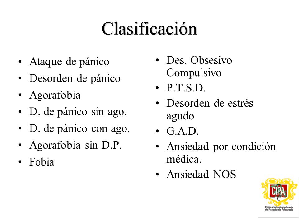 Clasificación Ataque de pánico Desorden de pánico Agorafobia
