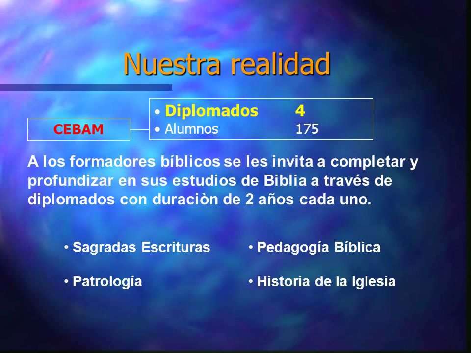 Nuestra realidad A los formadores bíblicos se les invita a completar y