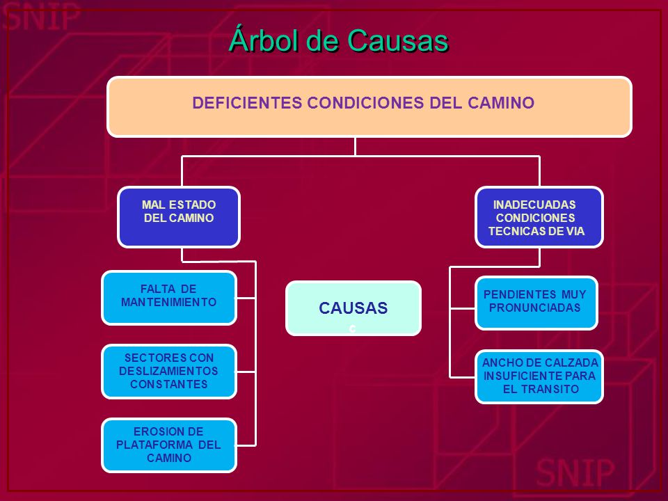 Árbol de Causas DEFICIENTES CONDICIONES DEL CAMINO CAUSAS c MAL ESTADO