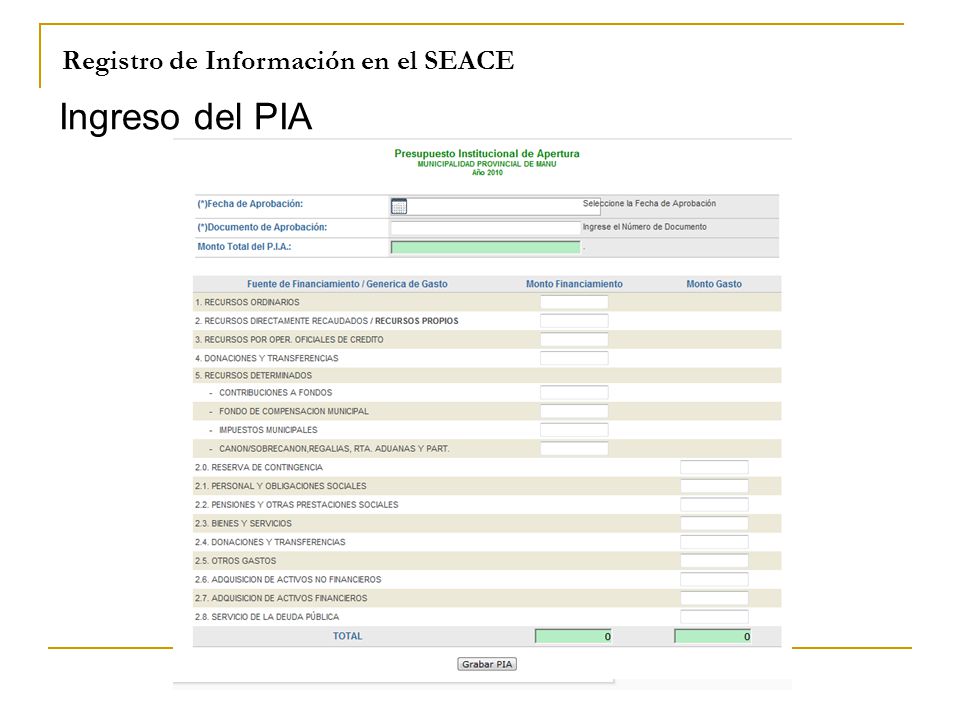 Ingreso del PIA Registro de Información en el SEACE