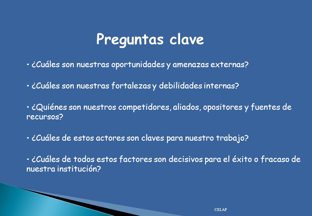 Preguntas clave ¿Cuáles son nuestras oportunidades y amenazas externas ¿Cuáles son nuestras fortalezas y debilidades internas