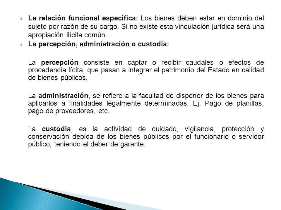 La relación funcional específica: Los bienes deben estar en dominio del sujeto por razón de su cargo. Si no existe esta vinculación jurídica será una apropiación ilícita común.
