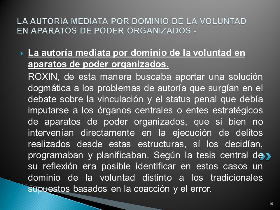 LA AUTORÍA MEDIATA POR DOMINIO DE LA VOLUNTAD EN APARATOS DE PODER ORGANIZADOS.-