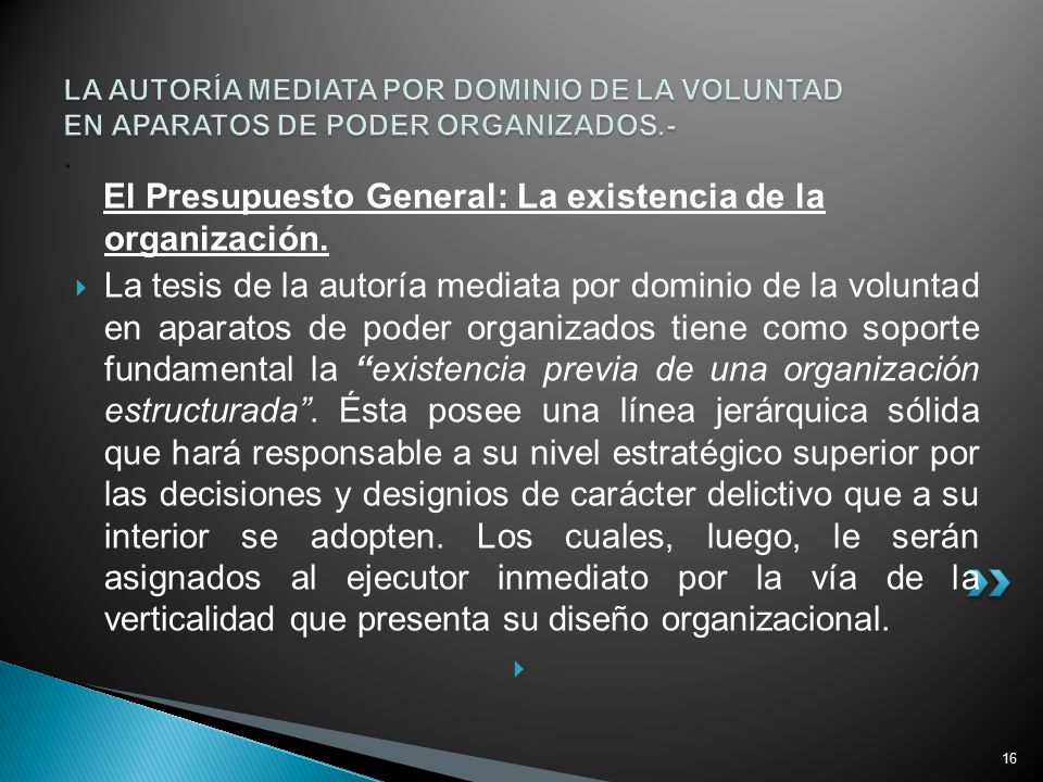 LA AUTORÍA MEDIATA POR DOMINIO DE LA VOLUNTAD EN APARATOS DE PODER ORGANIZADOS.- .