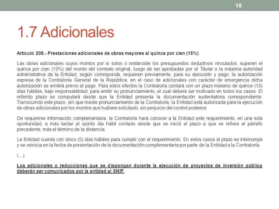 1.7 Adicionales Artículo Prestaciones adicionales de obras mayores al quince por cien (15%)