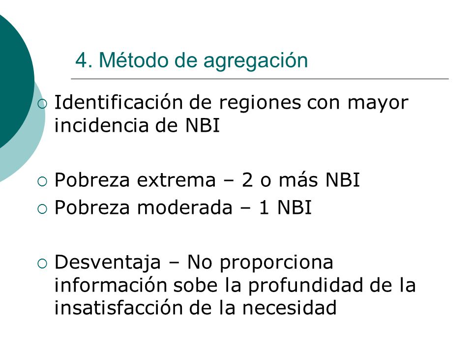4. Método de agregación Identificación de regiones con mayor incidencia de NBI. Pobreza extrema – 2 o más NBI.
