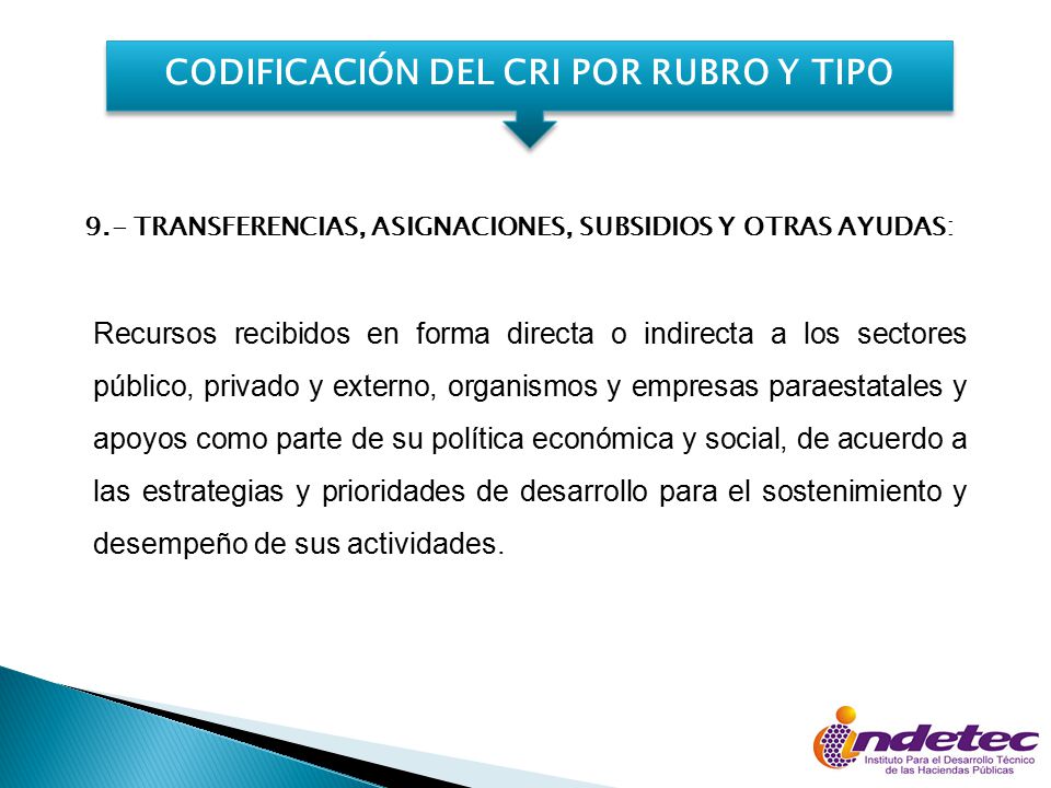 CODIFICACIÓN DEL CRI POR RUBRO Y TIPO