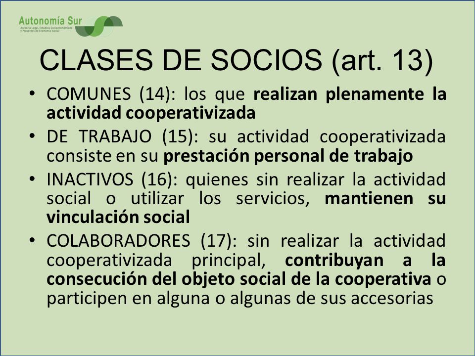 CLASES DE SOCIOS (art. 13) COMUNES (14): los que realizan plenamente la actividad cooperativizada.