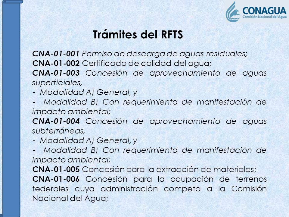 Trámites del RFTS CNA Permiso de descarga de aguas residuales;