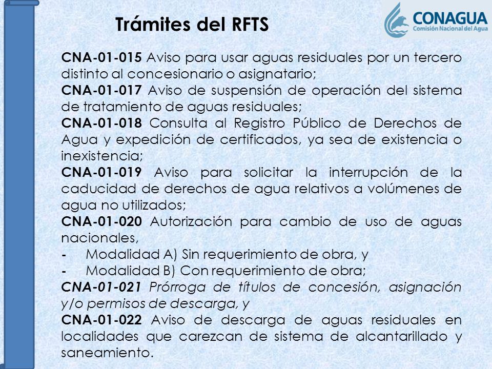 Trámites del RFTS CNA Aviso para usar aguas residuales por un tercero distinto al concesionario o asignatario;