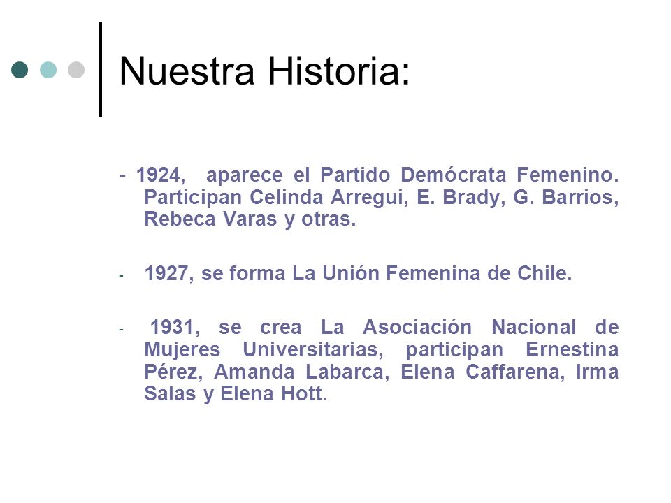 Nuestra Historia: , aparece el Partido Demócrata Femenino. Participan Celinda Arregui, E. Brady, G. Barrios, Rebeca Varas y otras.