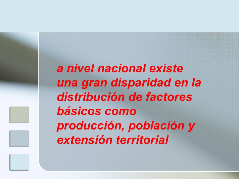 a nivel nacional existe una gran disparidad en la distribución de factores básicos como producción, población y extensión territorial