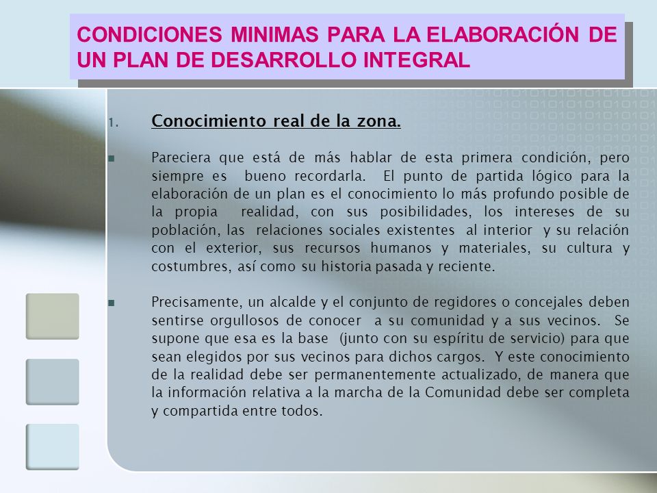 CONDICIONES MINIMAS PARA LA ELABORACIÓN DE UN PLAN DE DESARROLLO INTEGRAL