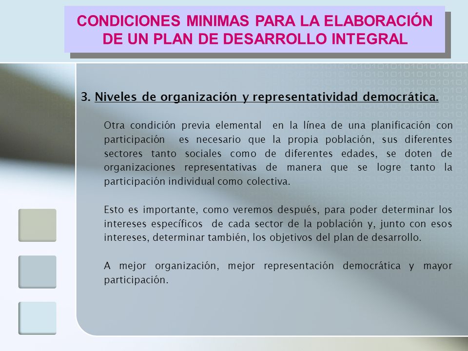 CONDICIONES MINIMAS PARA LA ELABORACIÓN DE UN PLAN DE DESARROLLO INTEGRAL