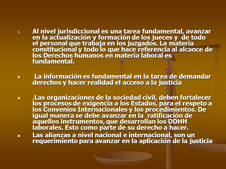 Al nivel jurisdiccional es una tarea fundamental, avanzar en la actualización y formación de los jueces y de todo el personal que trabaja en los juzgados. La materia constitucional y todo lo que hace referencia al alcance de los Derechos humanos en materia laboral es fundamental.
