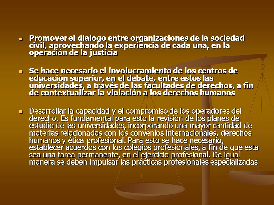Promover el dialogo entre organizaciones de la sociedad civil, aprovechando la experiencia de cada una, en la operación de la justicia