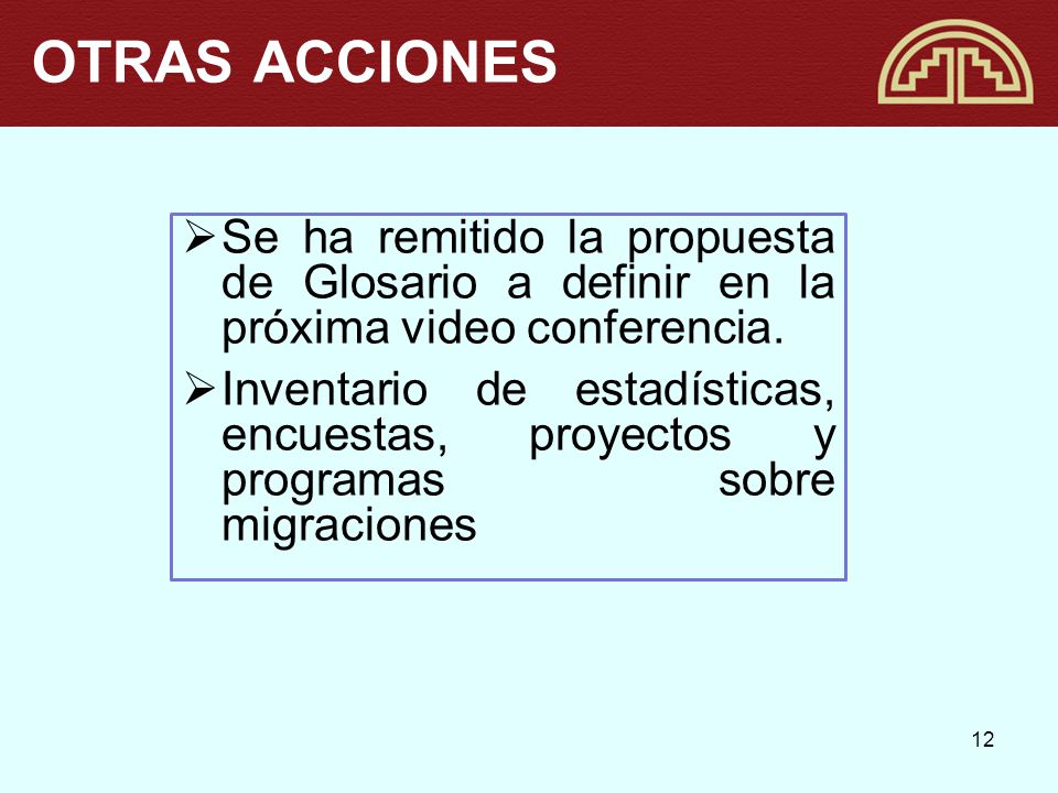 OTRAS ACCIONES Se ha remitido la propuesta de Glosario a definir en la próxima video conferencia.