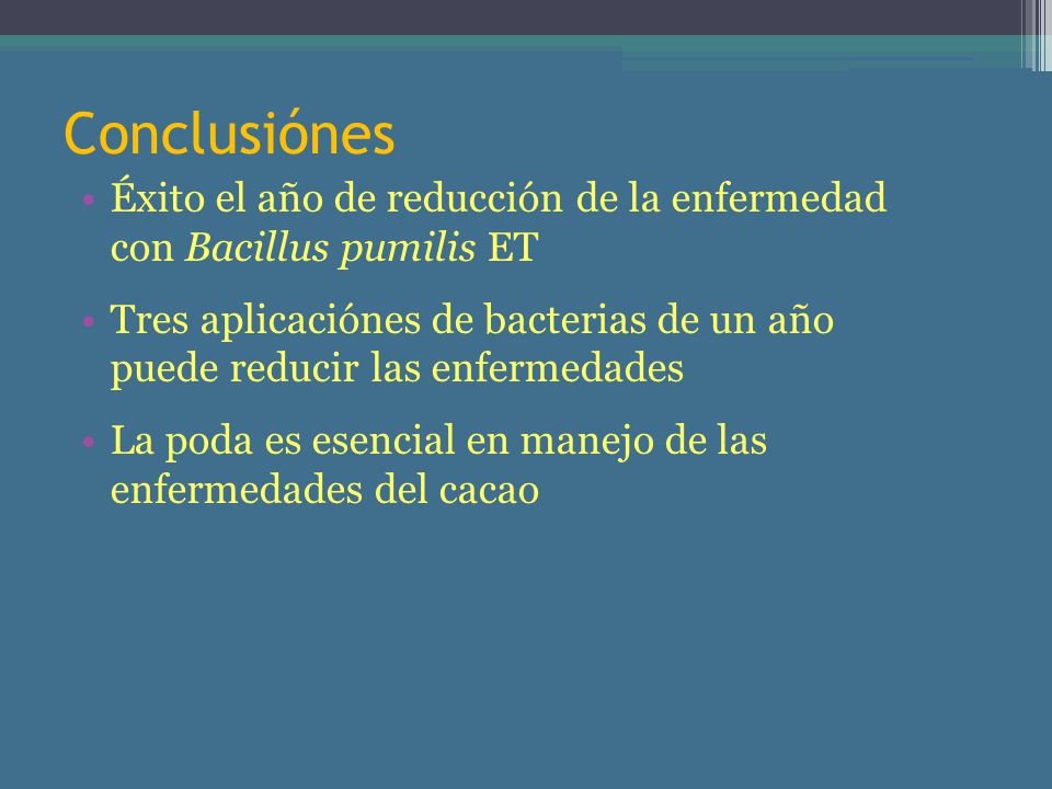 Conclusiónes Éxito el año de reducción de la enfermedad con Bacillus pumilis ET.