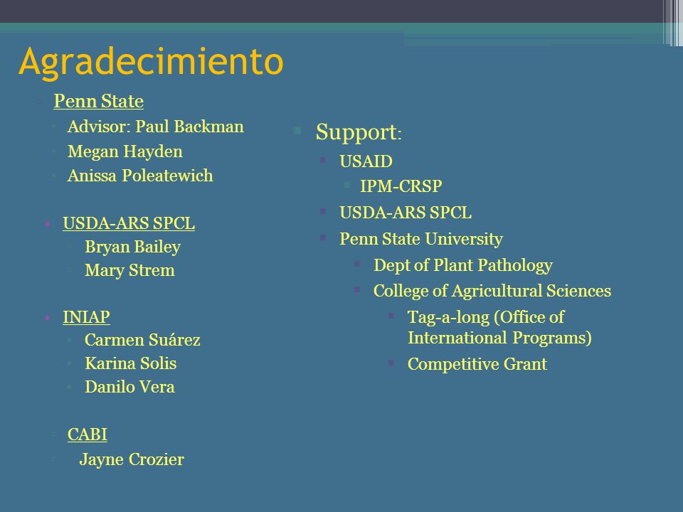 Agradecimiento Support: Penn State Advisor: Paul Backman Megan Hayden
