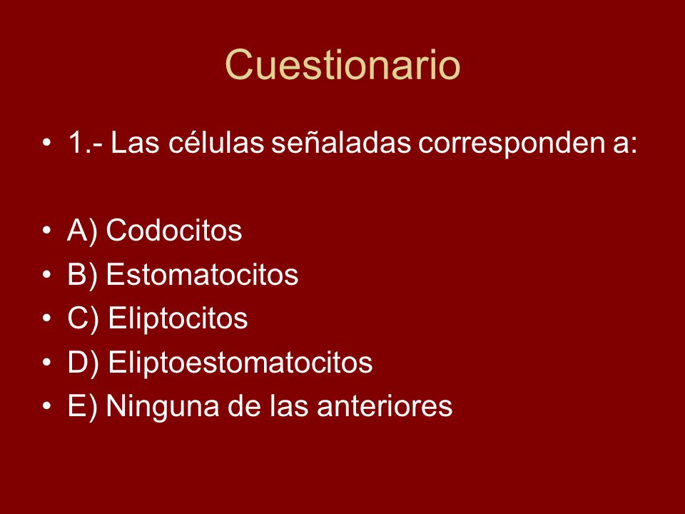 Cuestionario 1.- Las células señaladas corresponden a: A) Codocitos