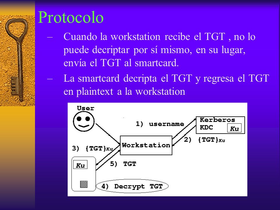 Protocolo Cuando la workstation recibe el TGT , no lo puede decriptar por sí mismo, en su lugar, envía el TGT al smartcard.