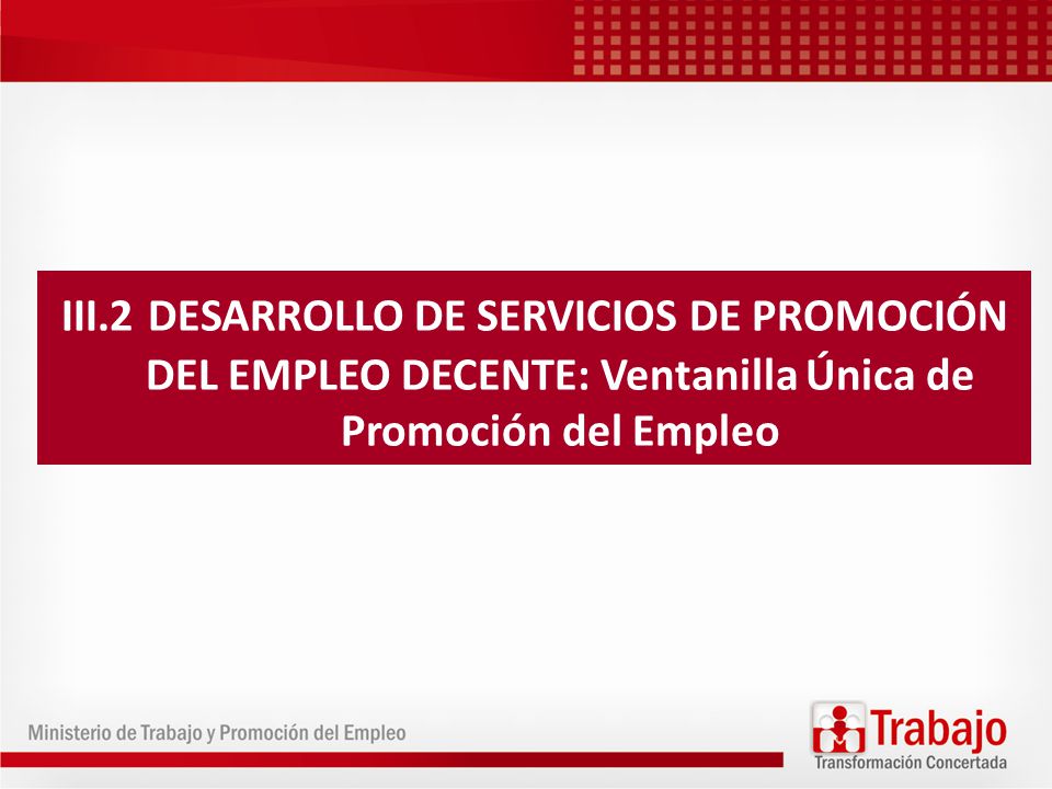 III.2 DESARROLLO DE SERVICIOS DE PROMOCIÓN DEL EMPLEO DECENTE: Ventanilla Única de Promoción del Empleo
