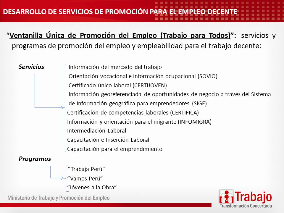 DESARROLLO DE SERVICIOS DE PROMOCIÓN PARA EL EMPLEO DECENTE