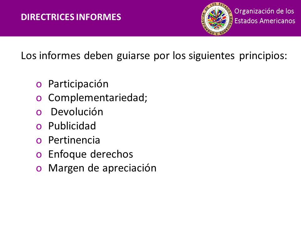 DIRECTRICES INFORMES Financiamiento. Los informes deben guiarse por los siguientes principios: Participación.