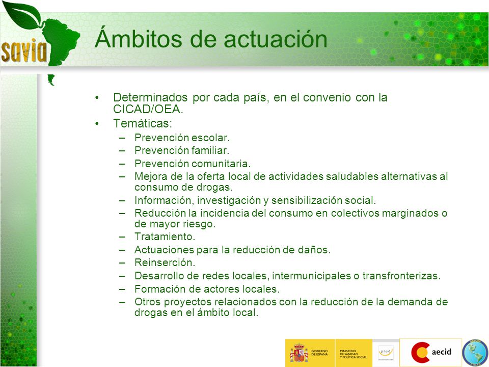 Ámbitos de actuación Determinados por cada país, en el convenio con la CICAD/OEA. Temáticas: Prevención escolar.