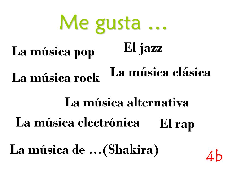 Me gusta … 4b El jazz La música pop La música clásica La música rock