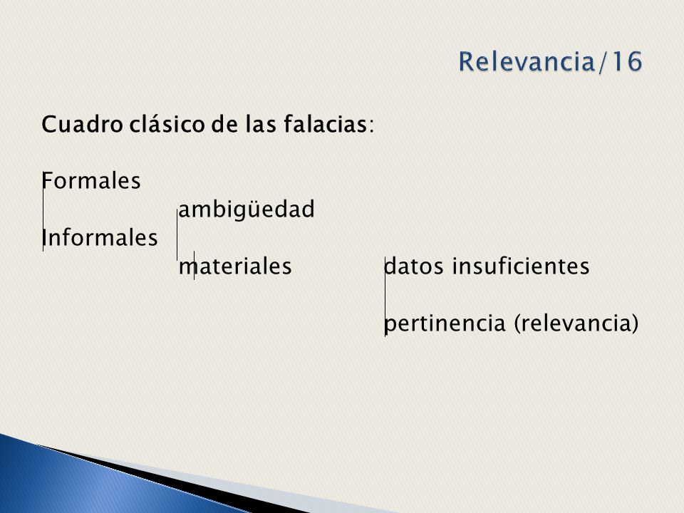 Relevancia/16 Cuadro clásico de las falacias: Formales ambigüedad Informales materiales datos insuficientes pertinencia (relevancia)