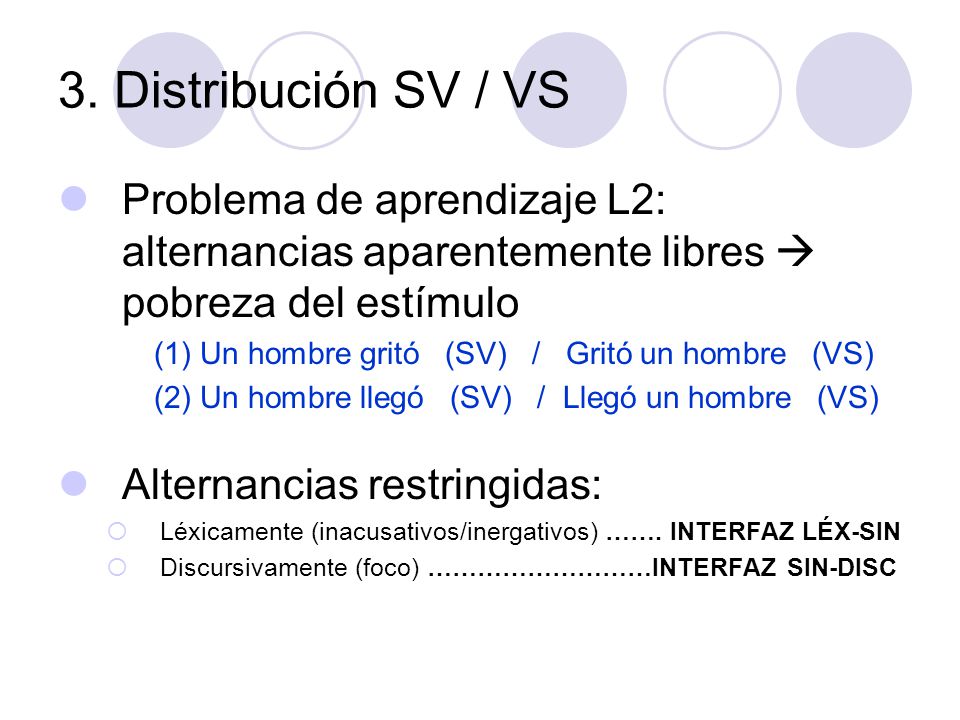 3. Distribución SV / VS Problema de aprendizaje L2: alternancias aparentemente libres  pobreza del estímulo.