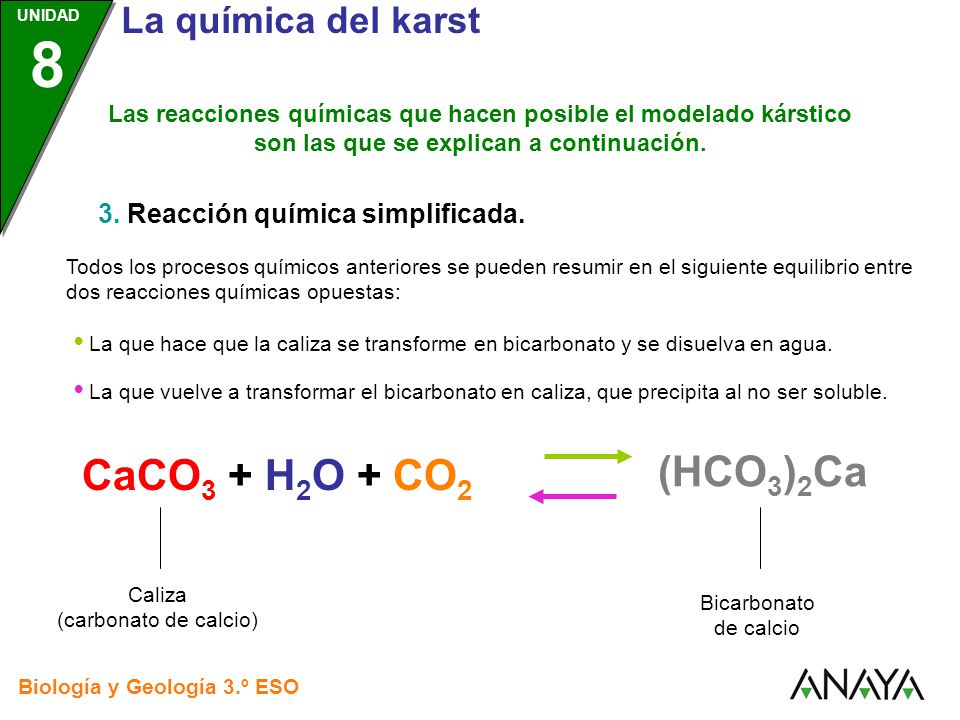(HCO3)2Ca CaCO3 + H2O + CO2 3. Reacción química simplificada.