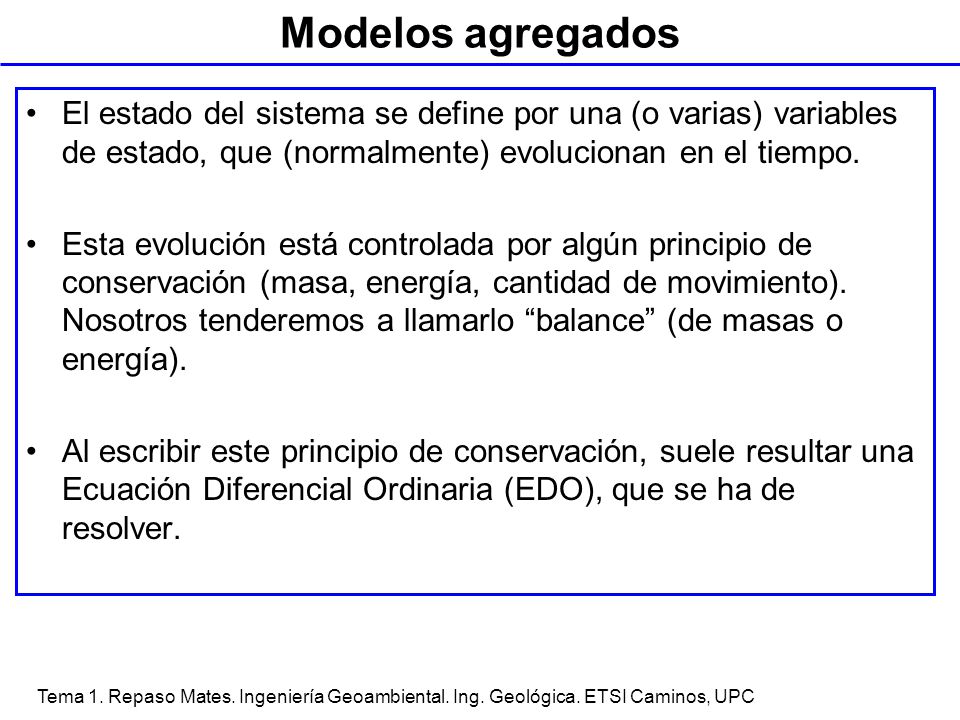 Modelos agregados El estado del sistema se define por una (o varias) variables de estado, que (normalmente) evolucionan en el tiempo.