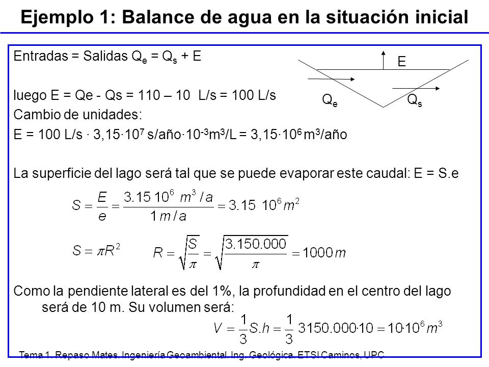Ejemplo 1: Balance de agua en la situación inicial