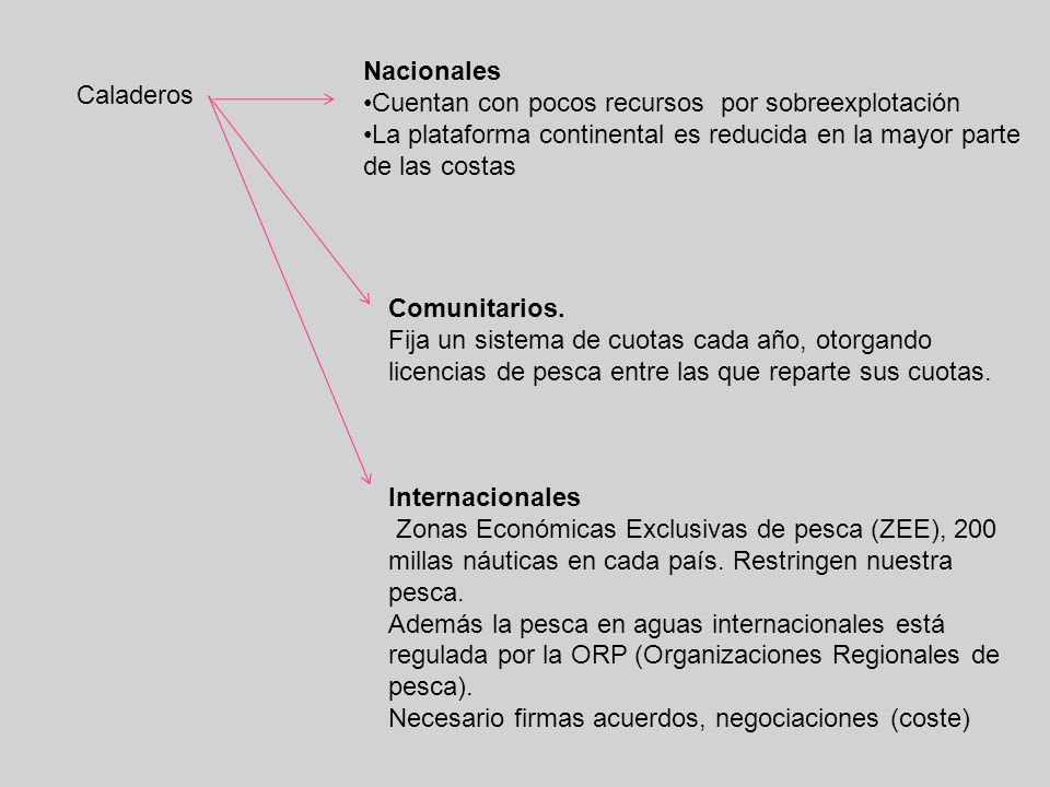 Nacionales Cuentan con pocos recursos por sobreexplotación. La plataforma continental es reducida en la mayor parte de las costas.
