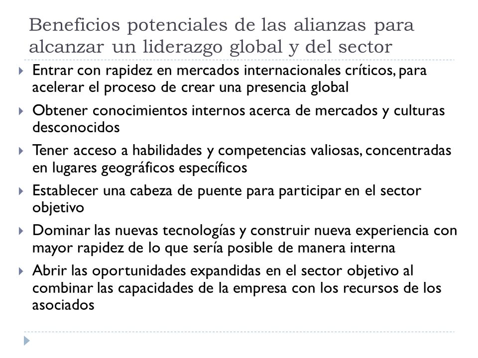 Beneficios potenciales de las alianzas para alcanzar un liderazgo global y del sector