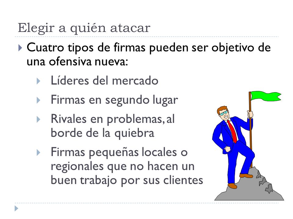 Elegir a quién atacar Cuatro tipos de firmas pueden ser objetivo de una ofensiva nueva: Líderes del mercado.