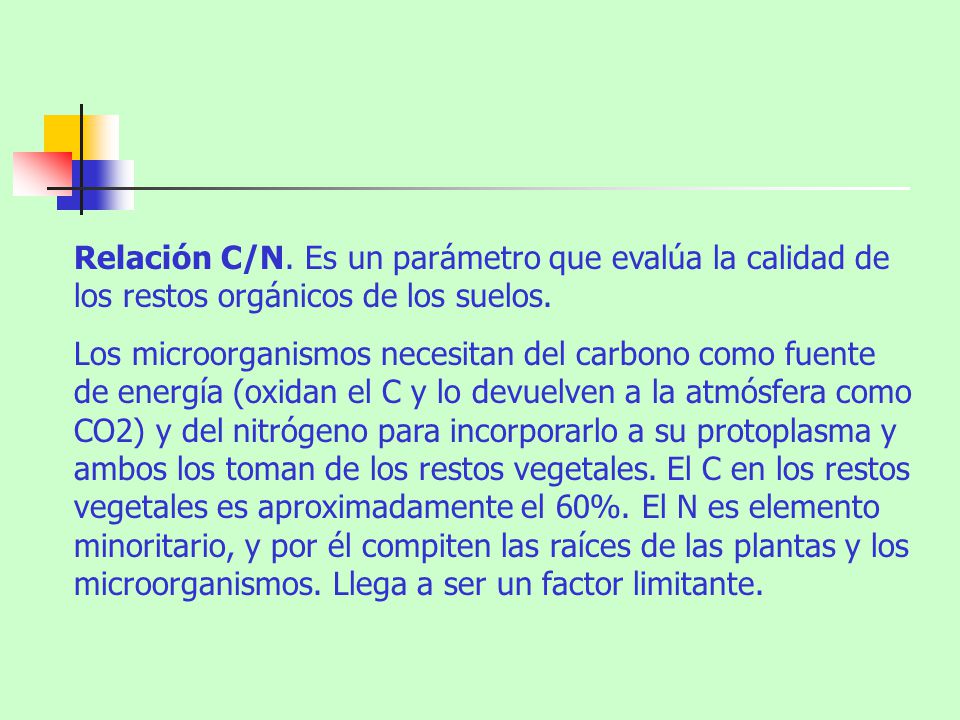 Relación C/N. Es un parámetro que evalúa la calidad de los restos orgánicos de los suelos.