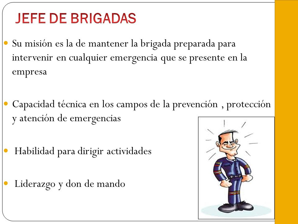 JEFE DE BRIGADAS Su misión es la de mantener la brigada preparada para intervenir en cualquier emergencia que se presente en la empresa.