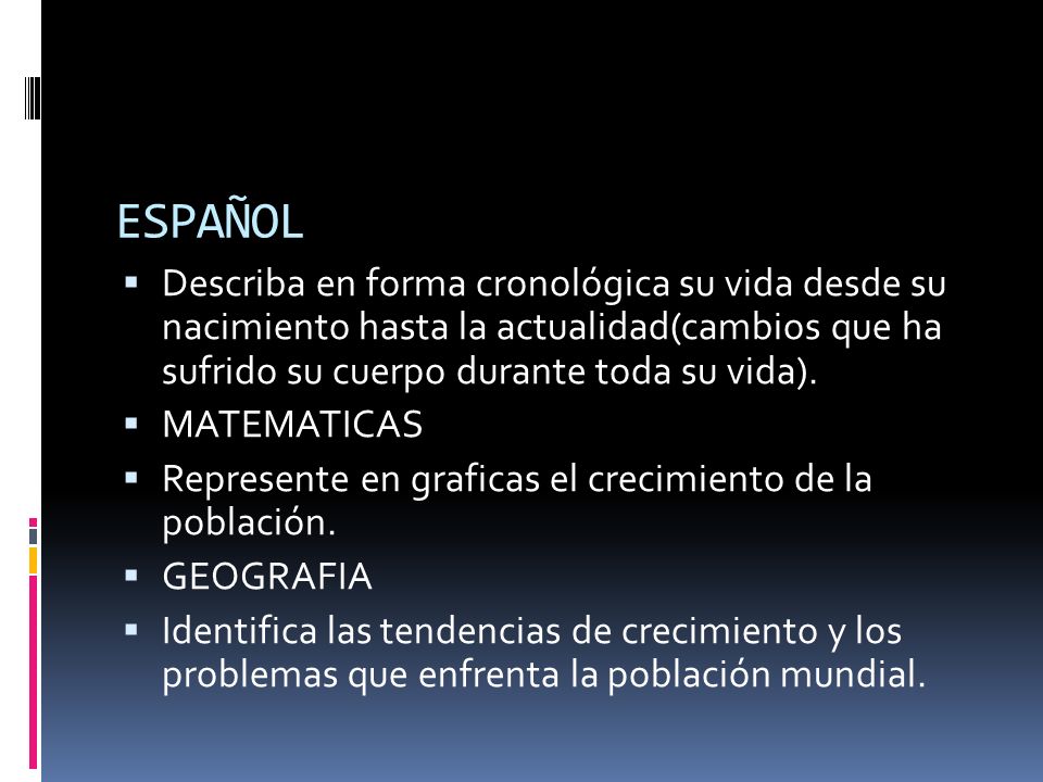 ESPAÑOL Describa en forma cronológica su vida desde su nacimiento hasta la actualidad(cambios que ha sufrido su cuerpo durante toda su vida).