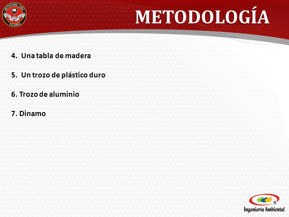 METODOLOGÍA 4. Una tabla de madera 5. Un trozo de plástico duro