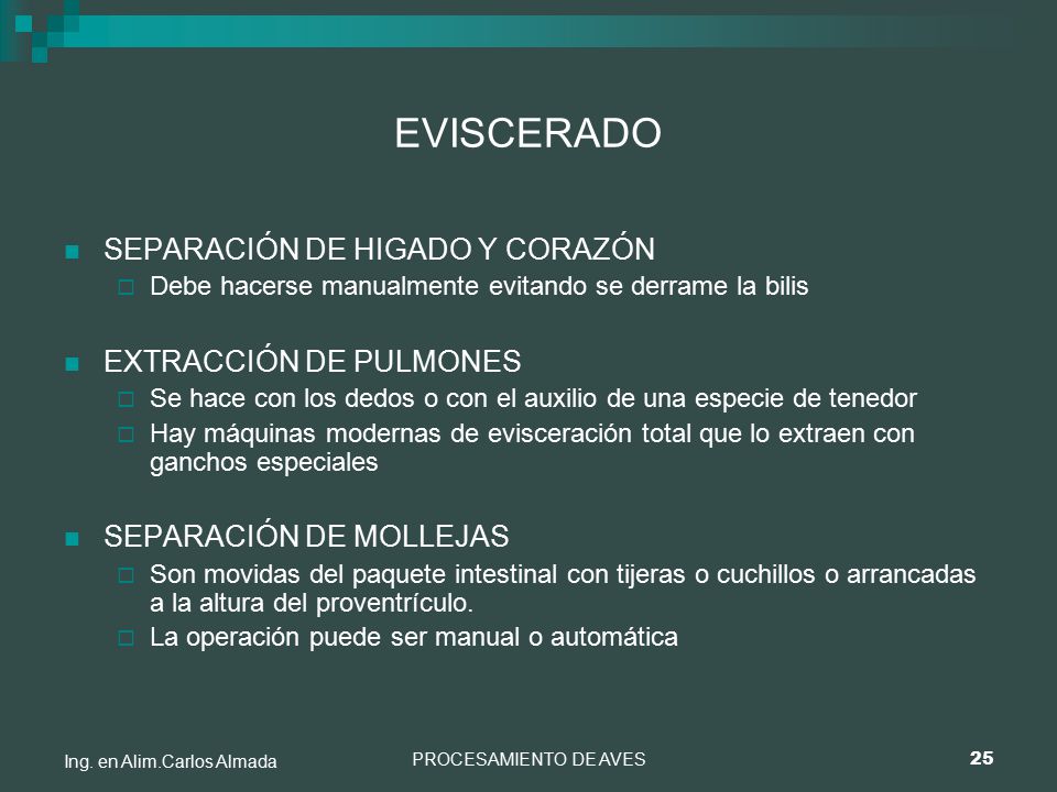 EVISCERADO SEPARACIÓN DE HIGADO Y CORAZÓN EXTRACCIÓN DE PULMONES