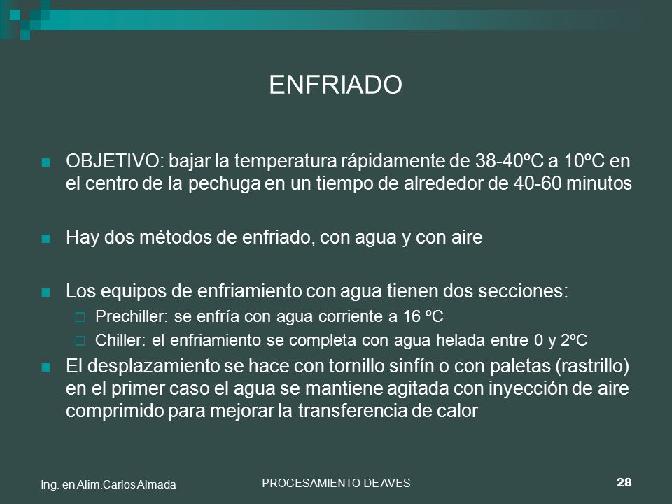 ENFRIADO OBJETIVO: bajar la temperatura rápidamente de 38-40ºC a 10ºC en el centro de la pechuga en un tiempo de alrededor de minutos.