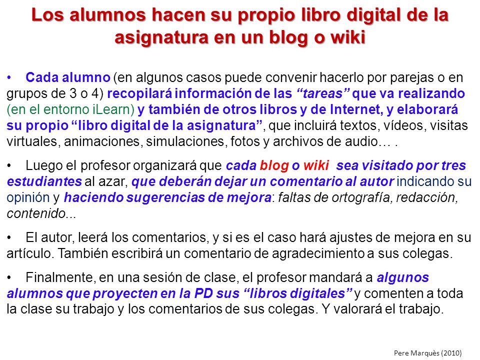 Los alumnos hacen su propio libro digital de la asignatura en un blog o wiki