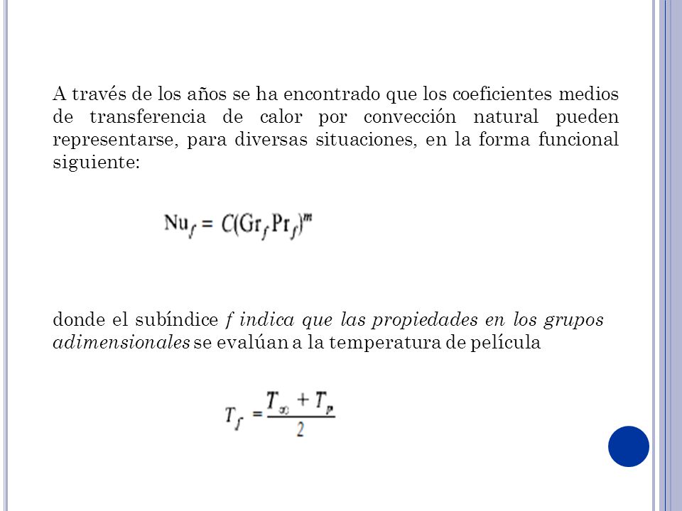 A través de los años se ha encontrado que los coeficientes medios de transferencia de calor por convección natural pueden representarse, para diversas situaciones, en la forma funcional siguiente: