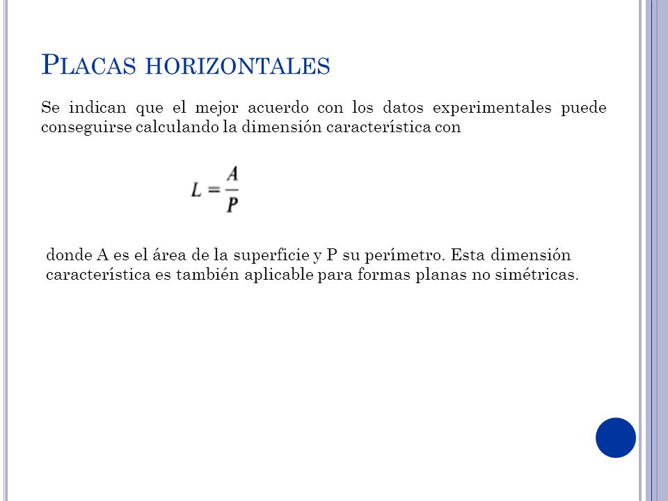 Placas horizontales Se indican que el mejor acuerdo con los datos experimentales puede conseguirse calculando la dimensión característica con.