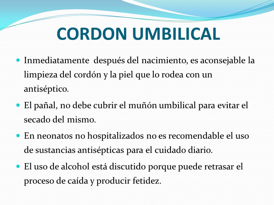 CORDON UMBILICAL Inmediatamente después del nacimiento, es aconsejable la limpieza del cordón y la piel que lo rodea con un antiséptico.