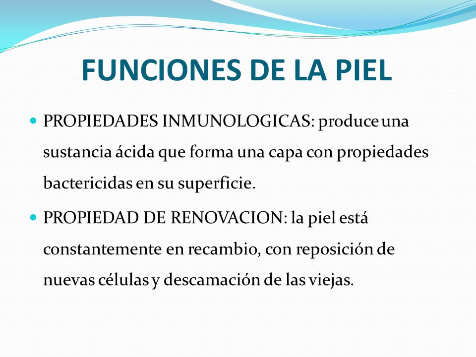FUNCIONES DE LA PIEL PROPIEDADES INMUNOLOGICAS: produce una sustancia ácida que forma una capa con propiedades bactericidas en su superficie.