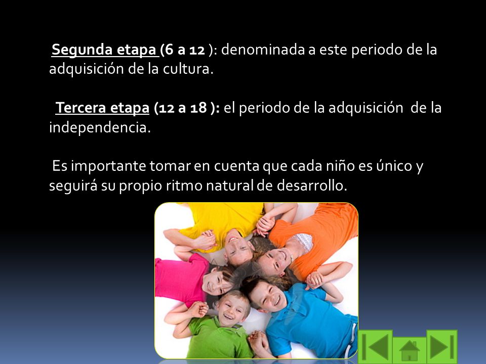 Segunda etapa (6 a 12 ): denominada a este periodo de la adquisición de la cultura.
